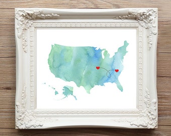 USA Map custom Personalized Print - housewarming Dotted Lines  Love Connection Art Gift United States Destination Wedding Watercolor Series