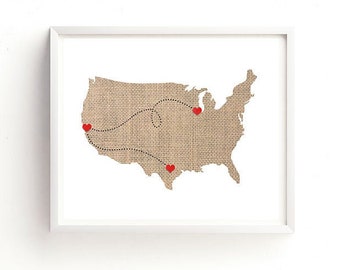 Carte des États-Unis personnalisée impression coeur - lignes pointillées - Love Connection - cadeau artistique mariage aux États-Unis