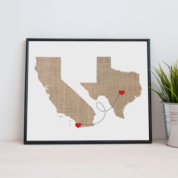 Two State Love Connection Art Print - Personalized Heart Natural Series - Custom Location Distance