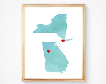 Any two Two States Art print Love - Watercolor Wedding Gift  - Personalized State Heart Natural Series - Custom Location Modern Art Print