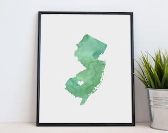 New Jersey or ANY STATE Map - Custom Personalized Heart Print - Watercolor Series