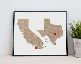 Two State Love Connection Art Print - Personalized Heart Natural Series - Custom Location Distance