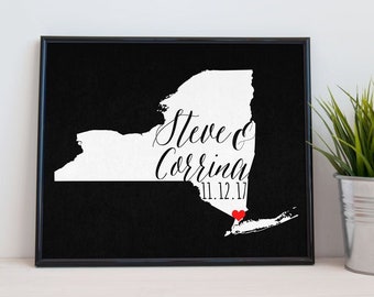 New York or ANY State Map Art Wedding Anniversary Gift - SCRIPT style