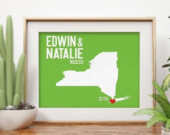 New York Wedding Gift - Personalized State and Heart - Custom Wedding Date - Location City and State Modern Art Print - 8x10