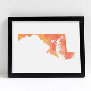 Maryland or ANY STATE Map - Custom Personalized Heart Print - I Love Washington DC - Hometown Wall Art Gift Souvenir - Watercolor Series