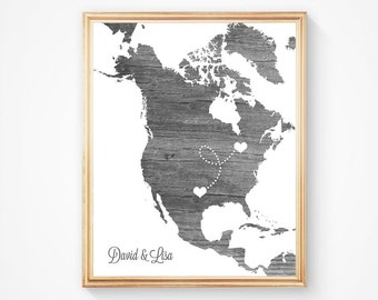 North America or ANY STATE Map - Custom Personalized Heart Print - USA & Canada - Hometown Wall Art Gift Souvenir - Natural Series