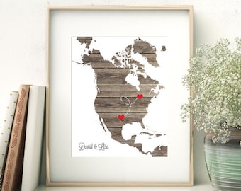 North America or ANY STATE Map - Custom Personalized Heart Print - USA & Canada