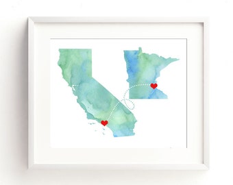 ANY Two State Print - Watercolor Wedding Gift  - Personalized States Heart - Custom Location