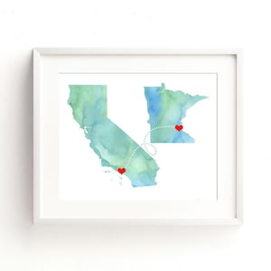 ANY Two State Print Watercolor Wedding Gift Personalized States Heart Custom Location image 1