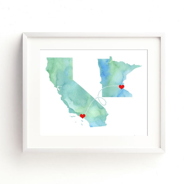 ANY Two State Print - Watercolor Wedding Gift  - Personalized States Heart - Custom Location