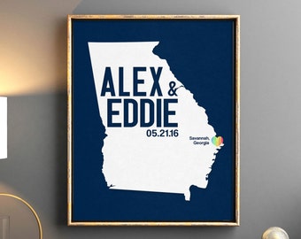 Georgia or any state RAINBOW HEART Personalized Wedding Art, State Map Print, Gay LGBT Pride