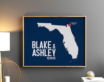 Florida or ANY STATE Wedding Gift - Personalized State and Heart - Anniversary