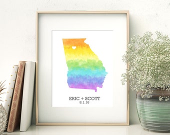 Georgia or ANY STATE Rainbow Map - Custom Personalized Heart Print - Gay LGBT Wedding Gift - Hometown Wall Art - Watercolor Series