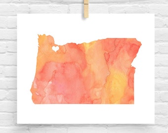 Oregon or ANY STATE Map - Custom Personalized Heart Print - I Love Portland - Hometown Wall Art Gift Souvenir - Watercolor Series