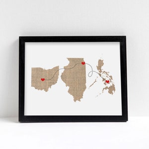 Three States Love Wedding Gift Personalized State Heart Natural Series Custom Location Modern Art Print Distance image 1