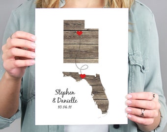 Any Two States Love Wedding Gift - Personalized State Heart Natural Series