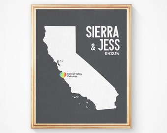 California or any state RAINBOW HEART Personalized Wedding Art Map Print, Gay LGBT Lesbian wedding Pride gift present geustbook guest book