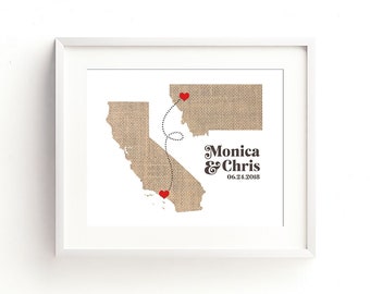 Two State or Country Love Connection Modern Text Gift - Long Distance Map Print