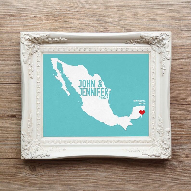 Mexico Wedding Gift Personalized International Map Custom Destination City and Country Modern Art Print Cancun, Riviera Maya, Cabo image 1