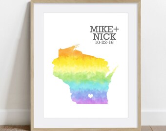 Wisconsin or ANY STATE Rainbow Map - Custom Personalized Heart Print - Gay LGBT Wedding Gift - Hometown Wall Art - Watercolor Series