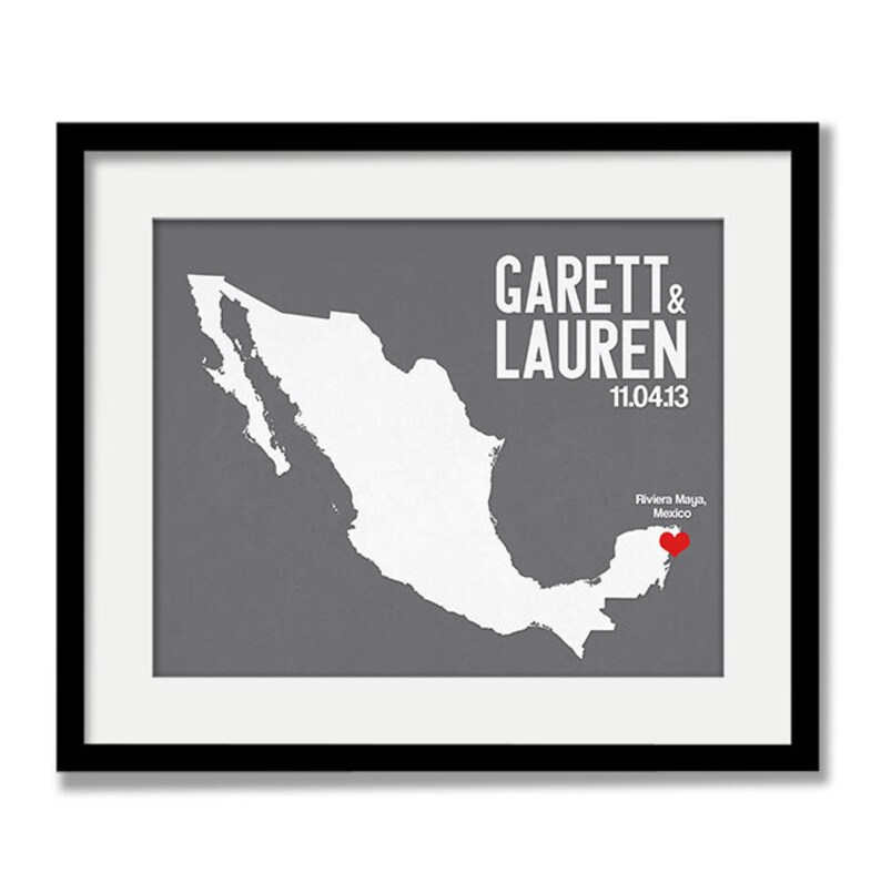 Mexico Wedding Gift Personalized International Map Custom Destination City and Country Modern Art Print Cancun, Riviera Maya, Cabo image 3