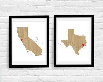 Two States Love Connection - Modern Set of Two Map Custom Art Prints -  Personalized Love Connection - Wedding Anniversary House Warming