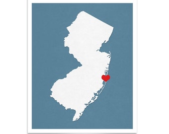 New Jersey état carte - sur mesure personnalisé impression coeur - I Love USA ville natale Wall Art cadeau Souvenir - New Jersey