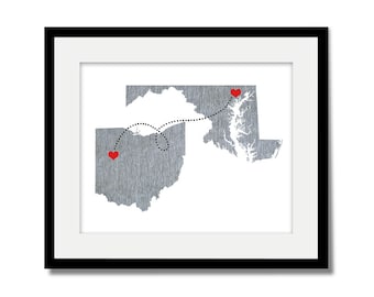 Two States Love Connection Art Print- Personalized Natural Series - Custom Location Distance