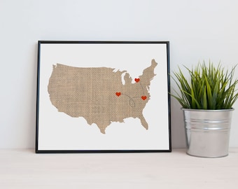 USA Map custom Personalized Heart Print - I Love America - Dotted Lines - Love Connection - Art Gift United States Destination Wedding