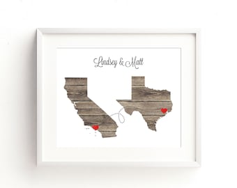 Two States Love Connection Gift - Long Distance Map Print - Burlap Wall Art Housewarming Map Present - Dotted Line