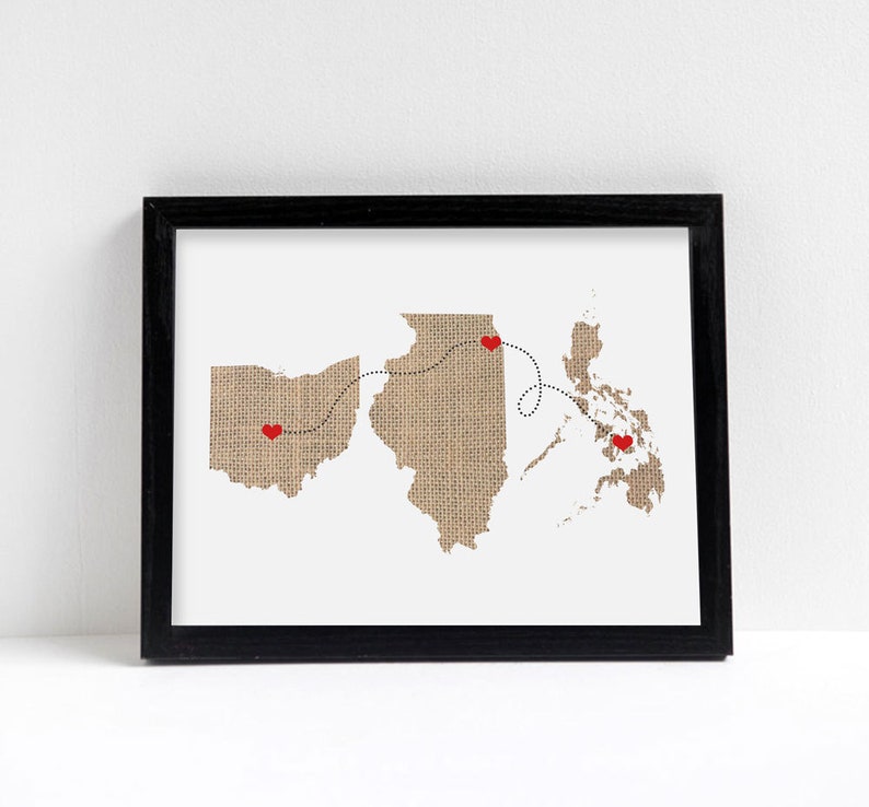 Three States Love Wedding Gift Personalized State Heart Natural Series Custom Location Modern Art Print Distance image 1