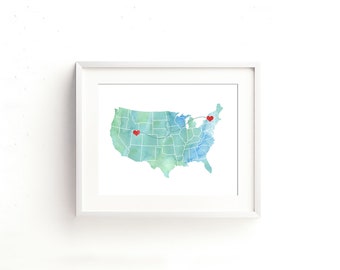 Custom USA Watercolor Map Print - Love Connection Art Gift