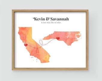 Personalized Gift Two States Love - Watercolor Wedding Gift  - State Heart Natural Series - Custom Location Modern Art Print