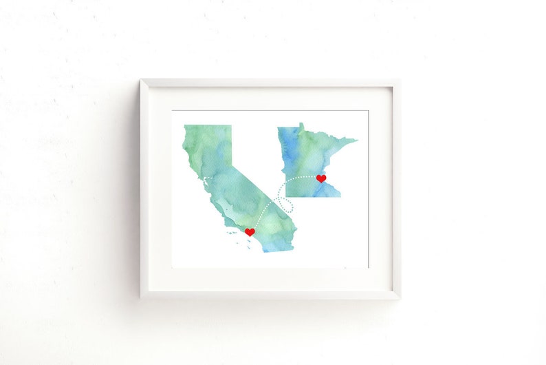 ANY Two State Print Watercolor Wedding Gift Personalized States Heart Custom Location image 1