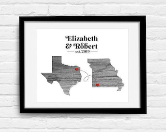 Two State or Country Love Connection Modern Text Gift - Map Print