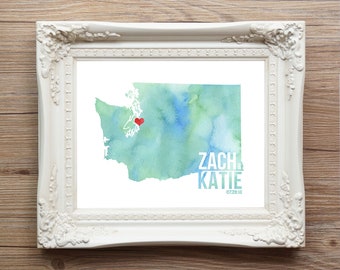 Washington or ANY state Wedding Couple's Map - Custom Personalized Anniversary Art Print -  Watercolor Series