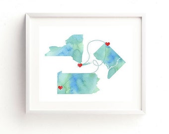 Any Three States Wedding Gift Personalized State Watercolor Series Art Print Long Distance Map Art Engagement Bridal Shower Water Color Gift