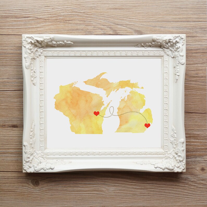 Cadeau personnalisé Two States Love Cadeau de mariage aquarelle State Heart Natural Series Impression d'art moderne emplacement personnalisé image 5