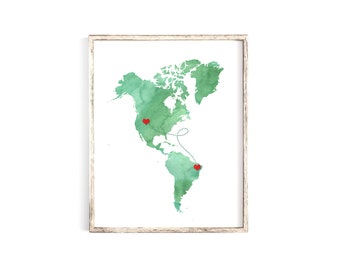 North and South America Map Art print - Watercolor Gift  - Personalized journey