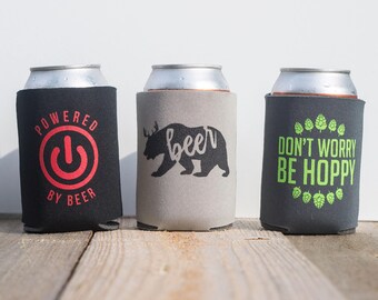 Funny witty beer can cooler trio - three pack - stocking stuffer - Don't Worry Be Hoppy - Powered by Beer - Beer Bear