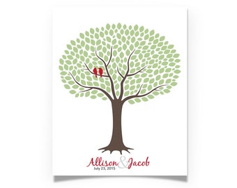 Wedding Tree Lovebirds Guestbook - Modern Wall Art -  Heart Birds Leaves Print Tree Poster Love Sign Signature