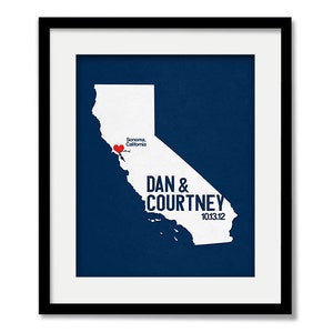 California Personalized Wedding Art, State Map Print, Bride & Groom Names and Date, Any State Available, Choice of Colors