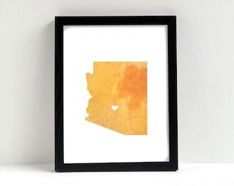 Arizona or ANY STATE Map - Custom Personalized Heart Print - I Love Richmond - Hometown Wall Art Gift Souvenir - Watercolor Series