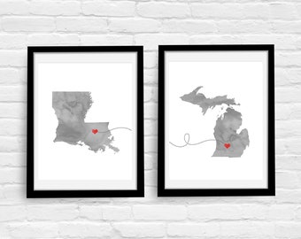 Two States Love Connection - Modern Set of Two or THREE Map Custom Art Prints -  Love Connection - Wedding Anniversary House Warming