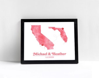 Any two Two States Art print Love - Watercolor Wedding Gift