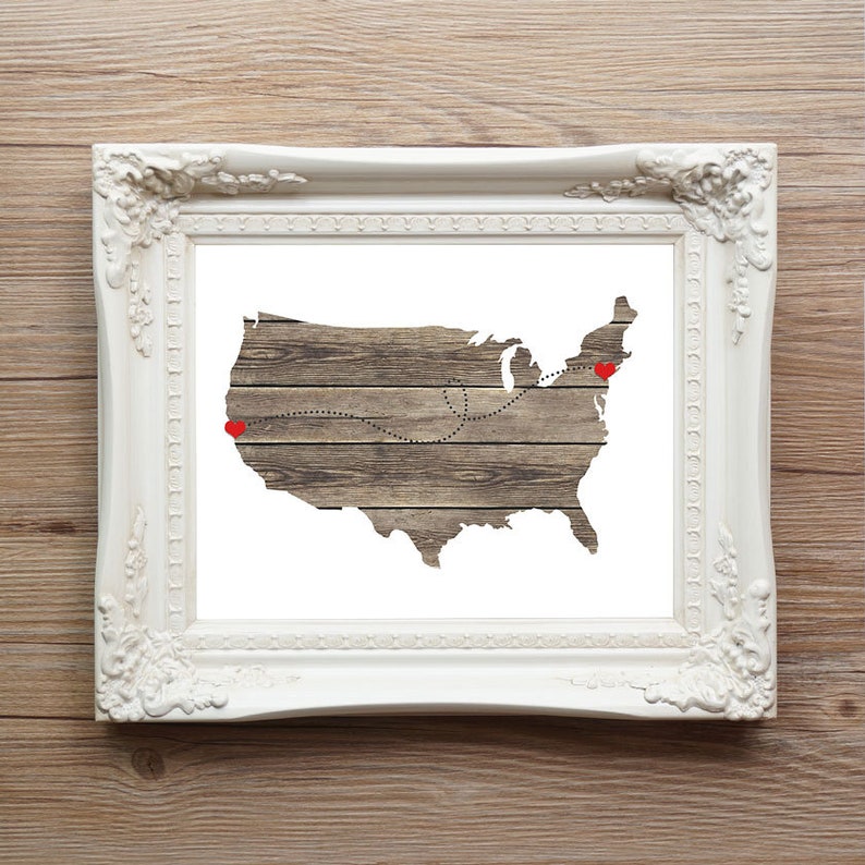 Carte des États-Unis personnalisée impression coeur lignes pointillées Love Connection cadeau artistique mariage aux États-Unis Style 4