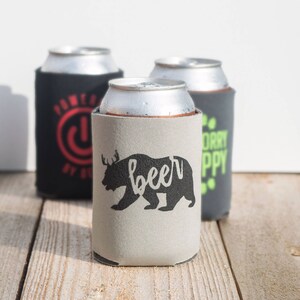 Funny witty beer can cooler trio three pack stocking stuffer Beer Bear Powered by Beer Don't Worry Be Hoppy image 4