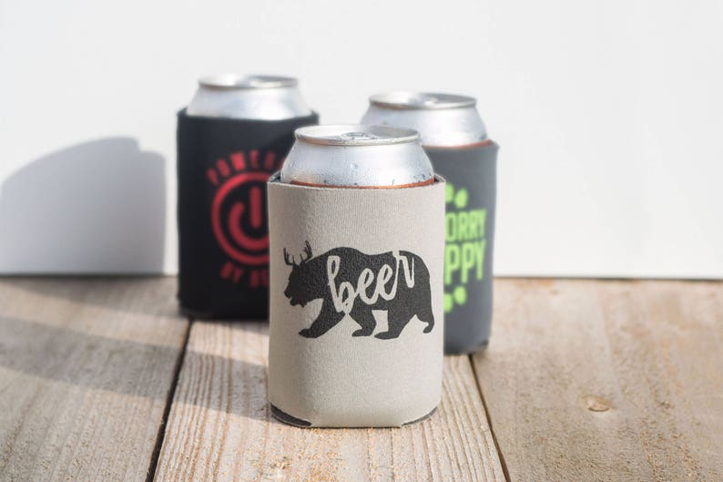 Funny witty beer can cooler trio three pack stocking stuffer Beer Bear Powered by Beer Don't Worry Be Hoppy image 4