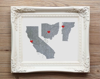 Three States Map Art - Wedding Gift  - Personalized State Heart Natural Series