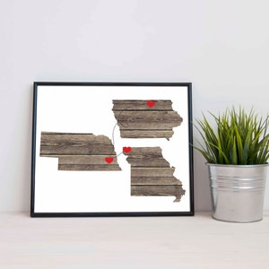 Three States Love Wedding Gift Personalized State Heart Natural Series Custom Location Modern Art Print Distance image 4